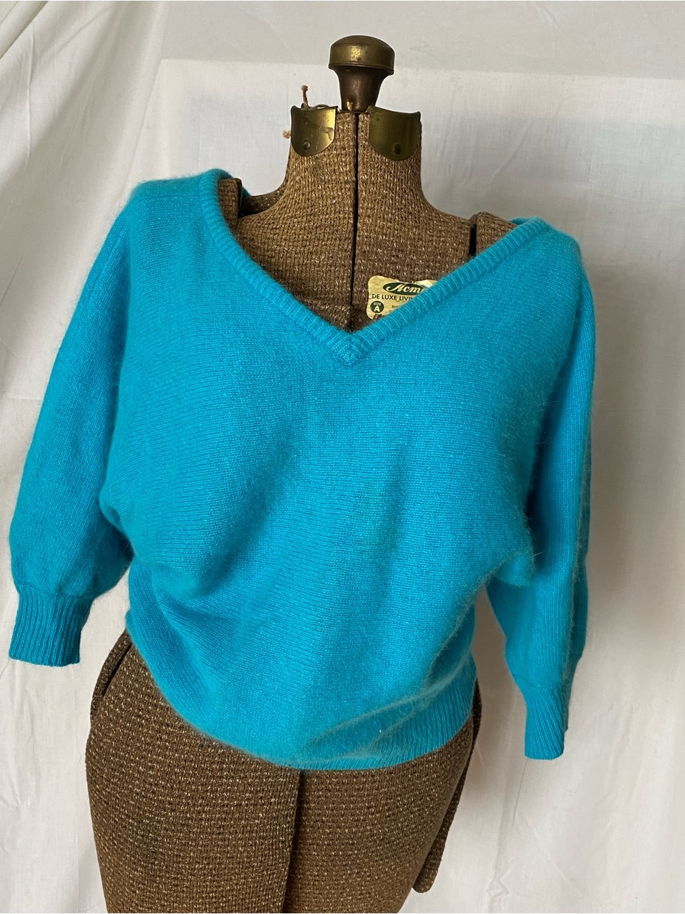 Vintage Wool and Angora Teal V-Neck Sweater